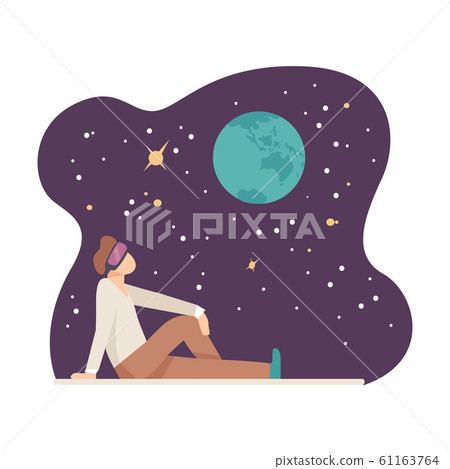 Young Man Sitting in Digital Glasses on Floor and Watching Starry Sky Projection Vector Illustration 61163764