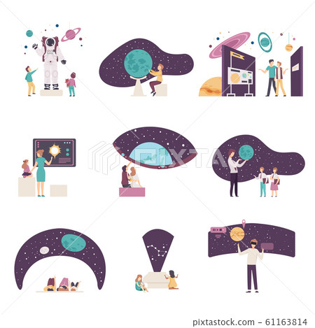 People Characters Visiting Planetarium Vector Illustrations Set 61163814