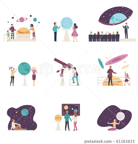 People Characters Visiting Planetarium Vector Illustrations Set 61163815