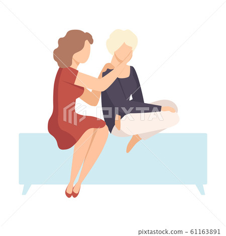Two Women Sitting On Bench Beside Each Other and One Encouraging Another By Putting Arm on Shoulder Vector Illustration 61163891