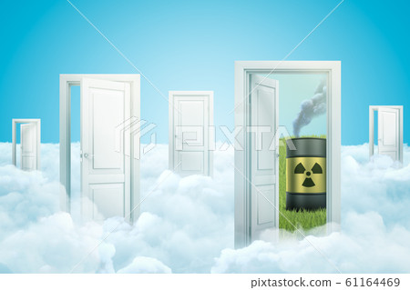 3d rendering of white clouds with open doorways and toxic waste barrel on blue background 3d rendering of white clouds with open doorways and toxic waste barrel on blue background 61164469