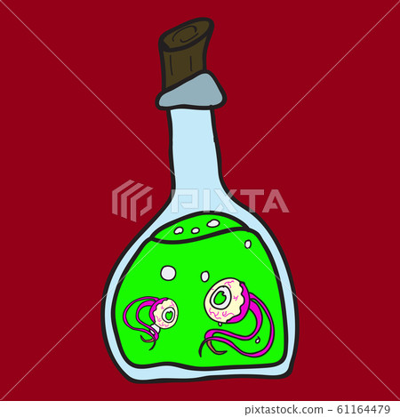 toxic potion in small glass bottle with cork and paper tag with Halloween isolated cartoon flat vector illustration on background. toxic potion in small glass bottle with cork and paper tag with Halloween isolated cartoon flat vector illustration on background. 61164479