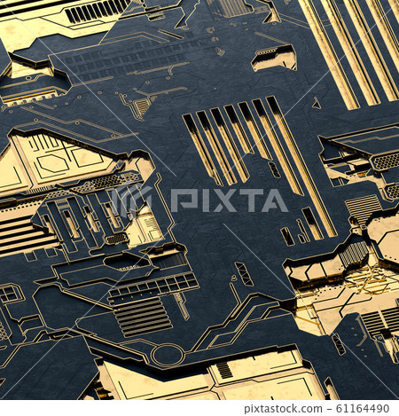 Circuit board futuristic server code processing. Gold and black technology background. 3d rendering 61164490