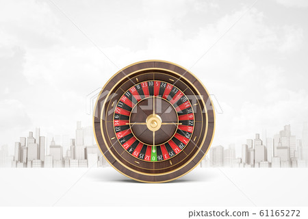 3d rendering of casino wheel against white background with skyline of modern city in the distance. 3d rendering of casino wheel against white background with skyline of modern city in the distance. 61165272