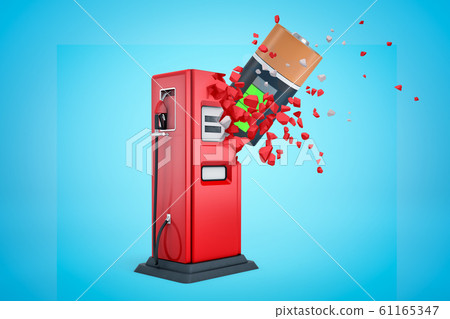 3d rendering of electric battery hitting and breaking red fuel dispenser on light blue gradient background. 61165347