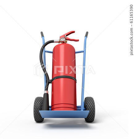 3d rendering of big red fire extinguisher on blue hand truck 3d rendering of big red fire extinguisher on blue hand truck 61165390