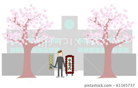 Cherry tree, school gate and schoolboy 61165737