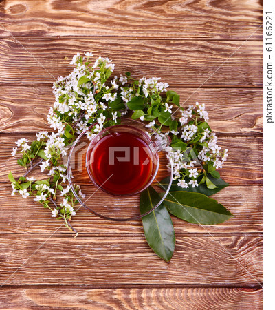 cup of tea and flowers on a wooden table 61166221