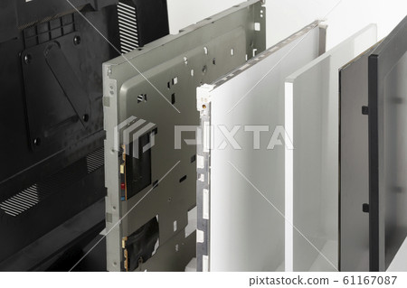 Several parts of LCD monitor, plastic frame, panel consists of polarizing filters, glass and  liquid-crystal display, organic glass, reflective layer, metal frame with circuit boards, plastic frame 61167087