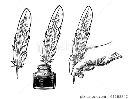 Inkwell and female hand holding a goose feather. 61168842