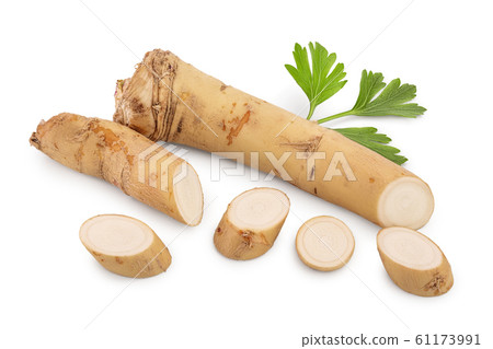 Horseradish root with slices and parsley isolated on white background 61173991
