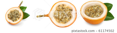 Granadilla or yellow passion fruit with leaf isolated on white background. Set or collection 61174502