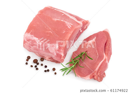Raw pork meat with rosemary and peppercorn isolated on white background. Top view. Flat lay Raw pork meat with rosemary and peppercorn isolated on white background. Top view. Flat lay 61174922