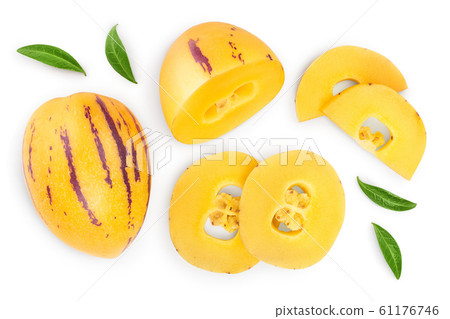 Fresh Pepino fruit with leaves isolated on white background. Top view, flat lay 61176746