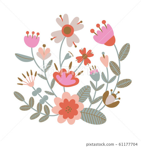 Floral bouquet of hand drawn fantasy folk flowers. Botanical illustration in flat cartoon style 61177704