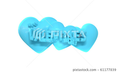 Happy Valentine's Day lettering with three hearts behind in blue color made of caramel. 3d illustration isolated on white 61177839