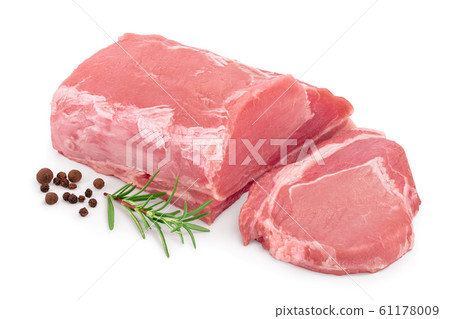 Raw pork meat with rosemary and peppercorn isolated on white background Raw pork meat with rosemary and peppercorn isolated on white background 61178009