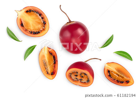 Fresh tamarillo fruit with leaves isolated on white background. Top view. Flat lay Fresh tamarillo fruit with leaves isolated on white background. Top view. Flat lay 61182194