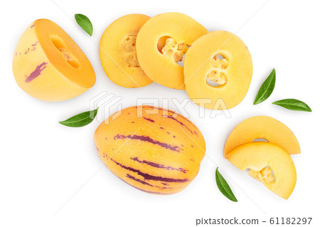 Fresh Pepino fruit with leaves isolated on white background. Top view, flat lay 61182297