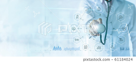 Medicine doctor with stethoscope in hand and icon insurance for health. Medical network connection on virtual screen interface. Innovation and modern medical technology concept 61184024