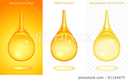 Set of yellow drops. 3d realistic vector droplets with a different golden tints. Icons of juice, honey, oil, beer, tincture, energy drink. Perfect details. Gradient meshes with a various transparency 61184075