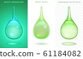 Vector set of various green drops. Realistic falling droplets of tarragon soda drink, aloe juice, lime juice cocktail. Perfect detailed icons with a bubbles and different transparency. Gradient mesh 61184082
