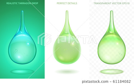Vector set of various green drops. Realistic falling droplets of tarragon soda drink, aloe juice, lime juice cocktail. Perfect detailed icons with a bubbles and different transparency. Gradient mesh 61184082