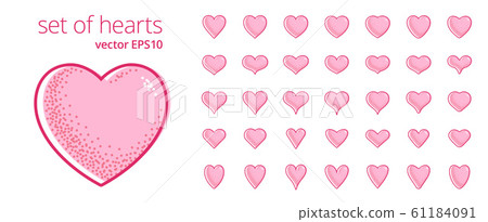 Vector set of hearts. Vintage symbols of love. Various heart-shaped icons. Pink fill with a white gap and knockout printing effect. Elements for wedding designs and celebration of Valentine's Day 61184091