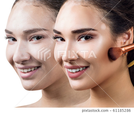 Woman face before and after makeup application. 61185286