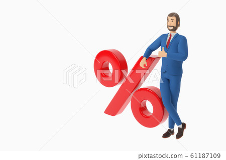 A drawn cartoon businessman leans on a big red percentage symbol. 3D rendering A drawn cartoon businessman leans on a big red percentage symbol. 3D rendering 61187109