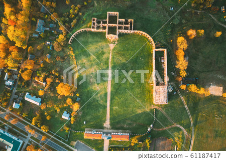 Ruzhany, Brest Region, Belarus. Cityscape Skyline In Autumn Sunny Evening. Bird's-eye View Of Ruzhany Palace. Famous Popular Historic Landmark Ruzhany, Brest Region, Belarus. Cityscape Skyline In Autumn Sunny Evening. Bird's-eye View Of Ruzhany Palace. Famous Popular Historic Landmark 61187417