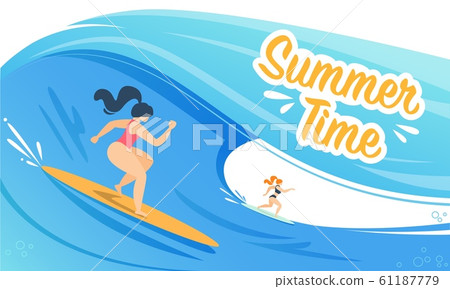 Summer Time Banner with Woman Surfing on Waves Summer Time Banner with Woman Surfing on Waves 61187779