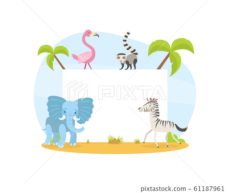Jungle Animals with Blank Banner, Elephant, Zebra, Lemur, Flamingo Standing Next Blank Signboard Vector illustration Jungle Animals with Blank Banner, Elephant, Zebra, Lemur, Flamingo Standing Next Blank Signboard Vector illustration 61187961