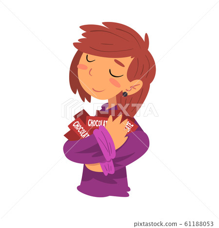 Girl Hugging Chocolate Bars, Sweet Tooth Girl Cartoon Character Loves Sweets Vector Illustration 61188053