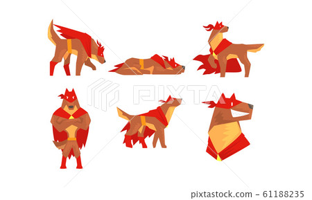 Dog Superhero Character Wearing Red Cloak and Guarding People Vector Set 61188235