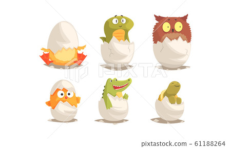 Cute Birds and Reptiles Hatching Vector Set. Cartoon New Born Creatures Collection Cute Birds and Reptiles Hatching Vector Set. Cartoon New Born Creatures Collection 61188264