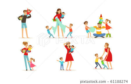 Tired Young Parents Exhausted with Nursing Little Kids Vector Illustrations Set Tired Young Parents Exhausted with Nursing Little Kids Vector Illustrations Set 61188274