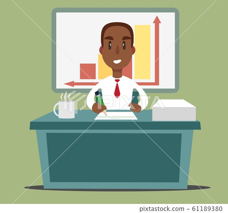 A black african american businessman person or clerk working at a office desk. Flat illustration 61189380