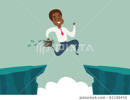 black african american businessman jump over cliff gap, overcome the difficulty. Business concept black african american businessman jump over cliff gap, overcome the difficulty. Business concept 61189458