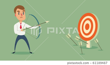 Blindfolded businessman shooting arrow. Blindfolded businessman shooting arrow. 61189487