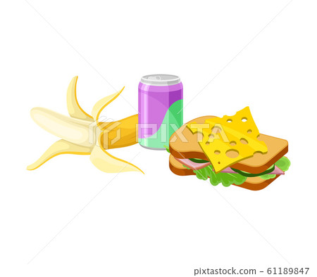 Takeaway Products for Snack Break with Sandwich and Banana Vector Illustration Takeaway Products for Snack Break with Sandwich and Banana Vector Illustration 61189847