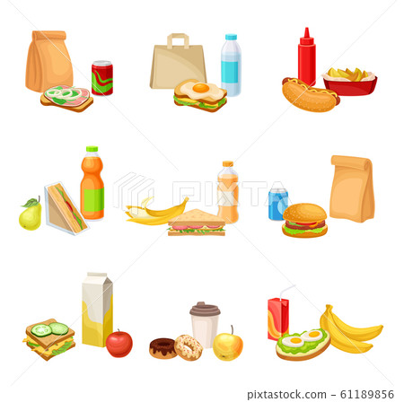 Fast Food Snacks and Drinks Isolated on White Background Vector Set Fast Food Snacks and Drinks Isolated on White Background Vector Set 61189856