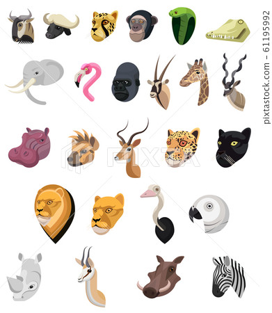 African animals portrait set made in unique simple cartoon style. Heads of leopard, antelope, flamingo, elephant, chimpanzee. Isolated artistic stylized icon collection for your design. Creative art African animals portrait set made in unique simple cartoon style. Heads of leopard, antelope, flamingo, elephant, chimpanzee. Isolated artistic stylized icon collection for your design. Creative art 61195992
