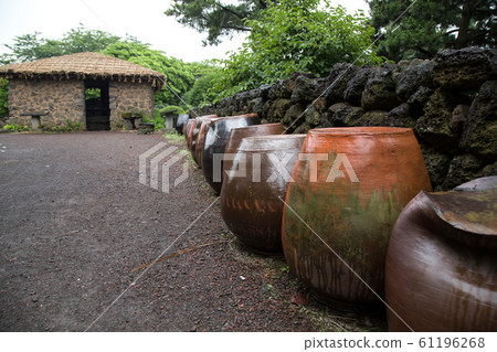 濟州島茅草屋頂和石牆下建造的罐子 61196268