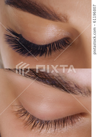 Eyelash Extension. Comparison of female eyes before and after. Eyelash Extension. Comparison of female eyes before and after. 61196807