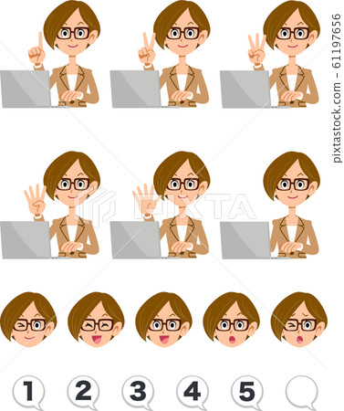 A woman in a suit wearing glasses showing numbers with fingers while operating a laptop A woman in a suit wearing glasses showing numbers with fingers while operating a laptop 61197656