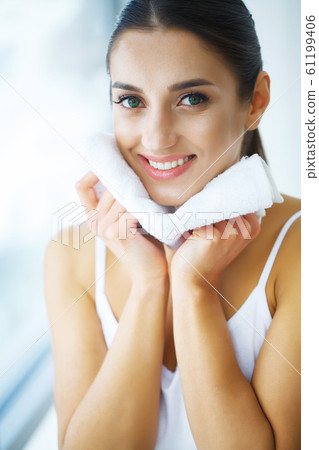 Face Washing. Happy Woman Drying Skin With Towel 61199406
