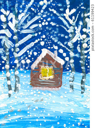 Cabin in the winter forest. Gouache drawing. Cabin in the winter forest. Gouache drawing. 61199423