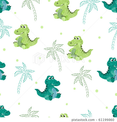 Seamless pattern with cute watercolor crocodiles and palms. 61199860