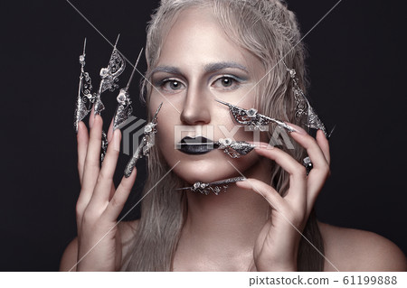 Beautiful girl with art make up in anime style, creative long nails. Design manicure. Beauty face. 61199888